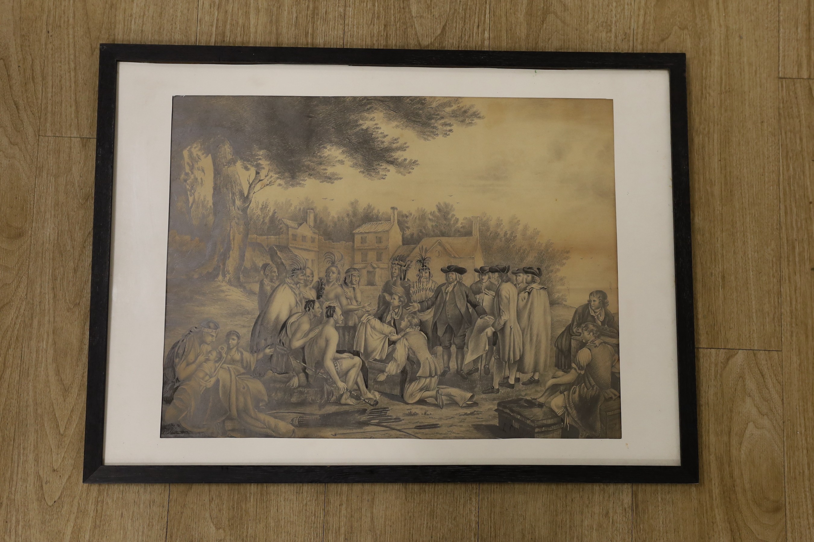 After Benjamin West, pencil drawing, Penn's Treaty with the Indians, 41 x 53cm